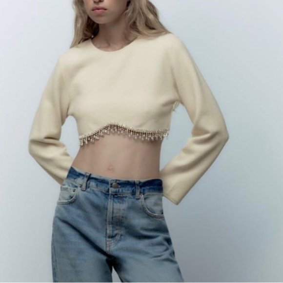 Zara Soft Ribbed Fuzzy Cropped Sweatshirt Top with Hanging Rhinestone Detail - Picture 6 of 15